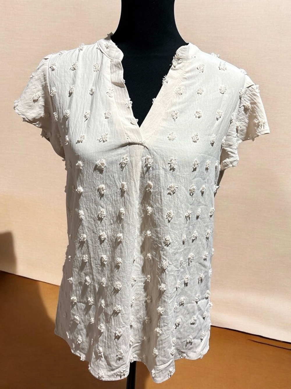 Women's Cream Textured Short Sleeve V-Neck Blouse